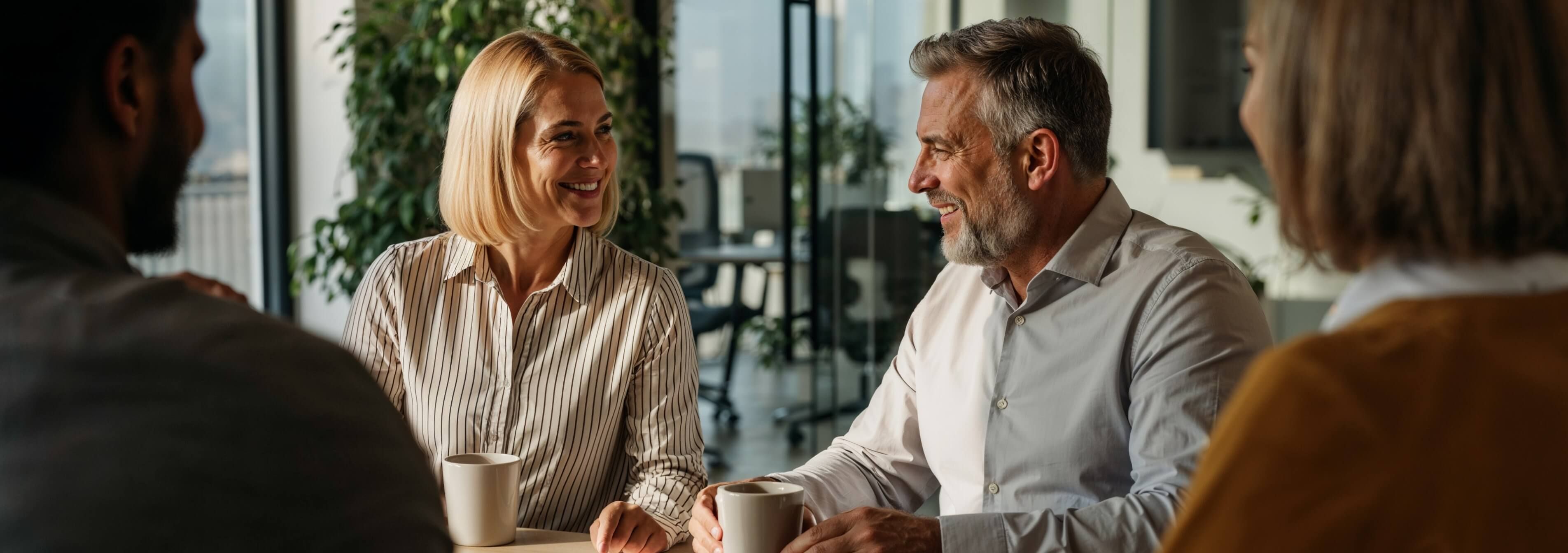 Man and woman talking in office