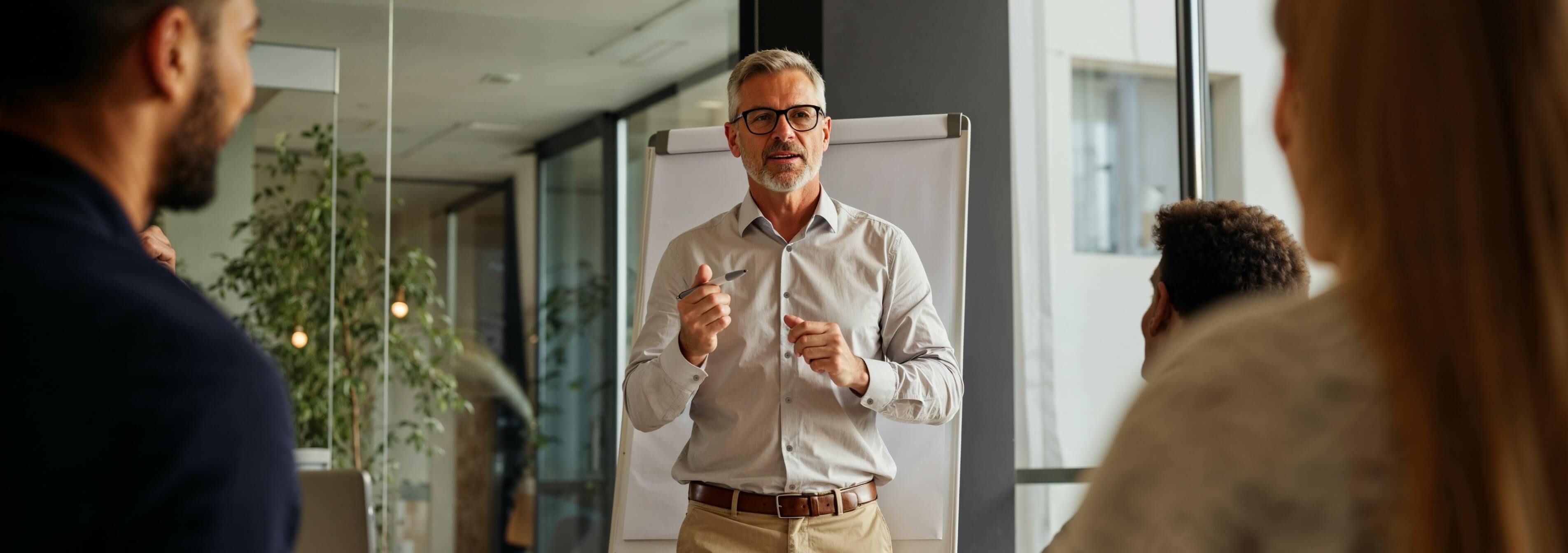 A man gives a presentation in an office, speaking in front of a group of people.