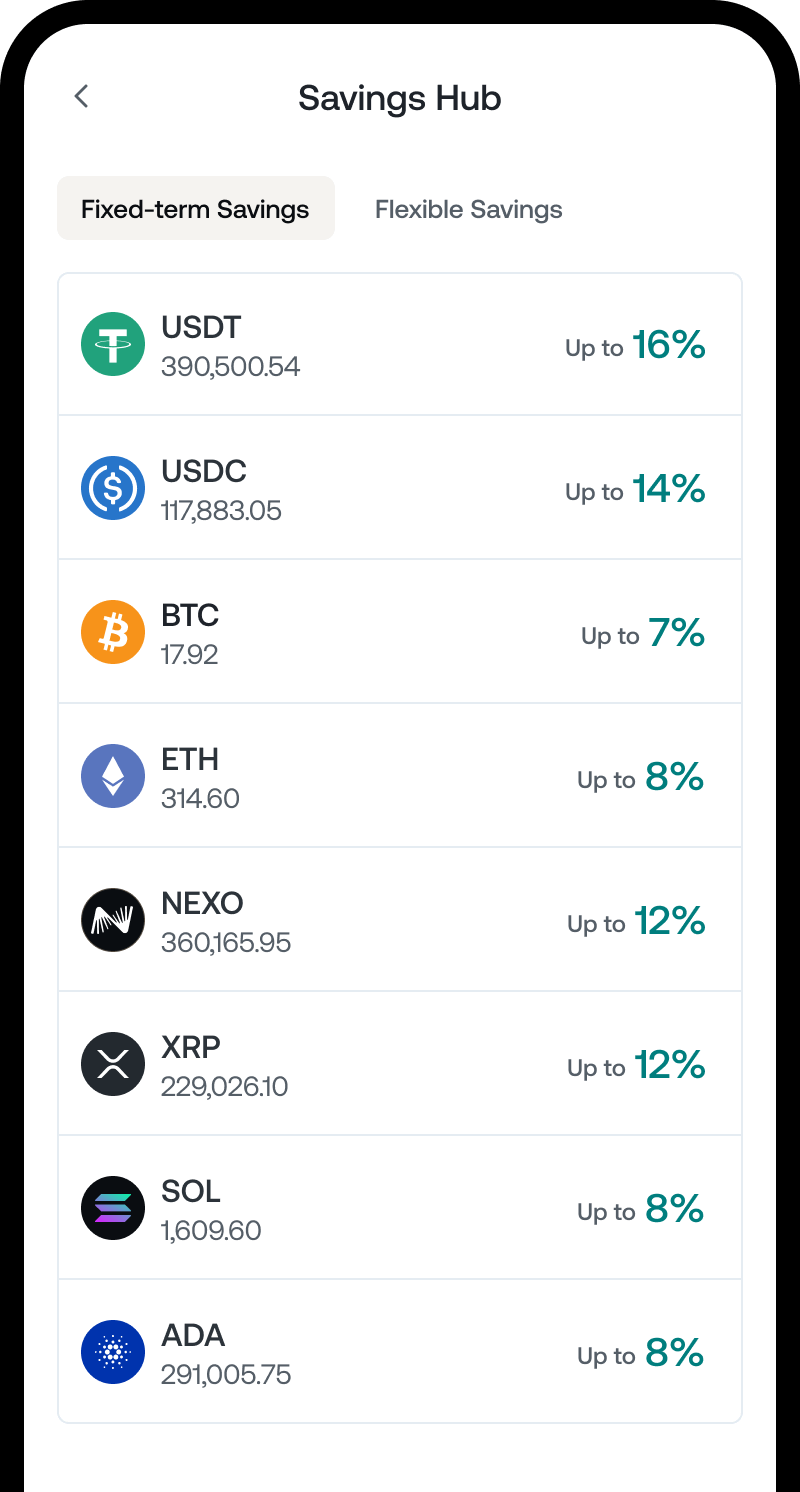 A mobile phone showing fixed-term saving screen from Nexo app